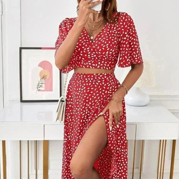 Red Casual Womens Allover Print Tie Back Wrap Top & Skirt - Picture 4 of 5